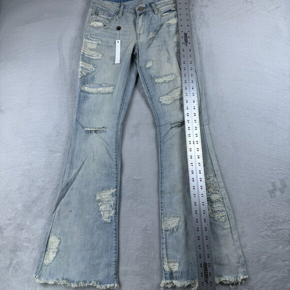 Blank NYC Cosmic Flare Leg Jeans Womens 27 Low Rise Distressed 100% Cotton Blue - Picture 11 of 12